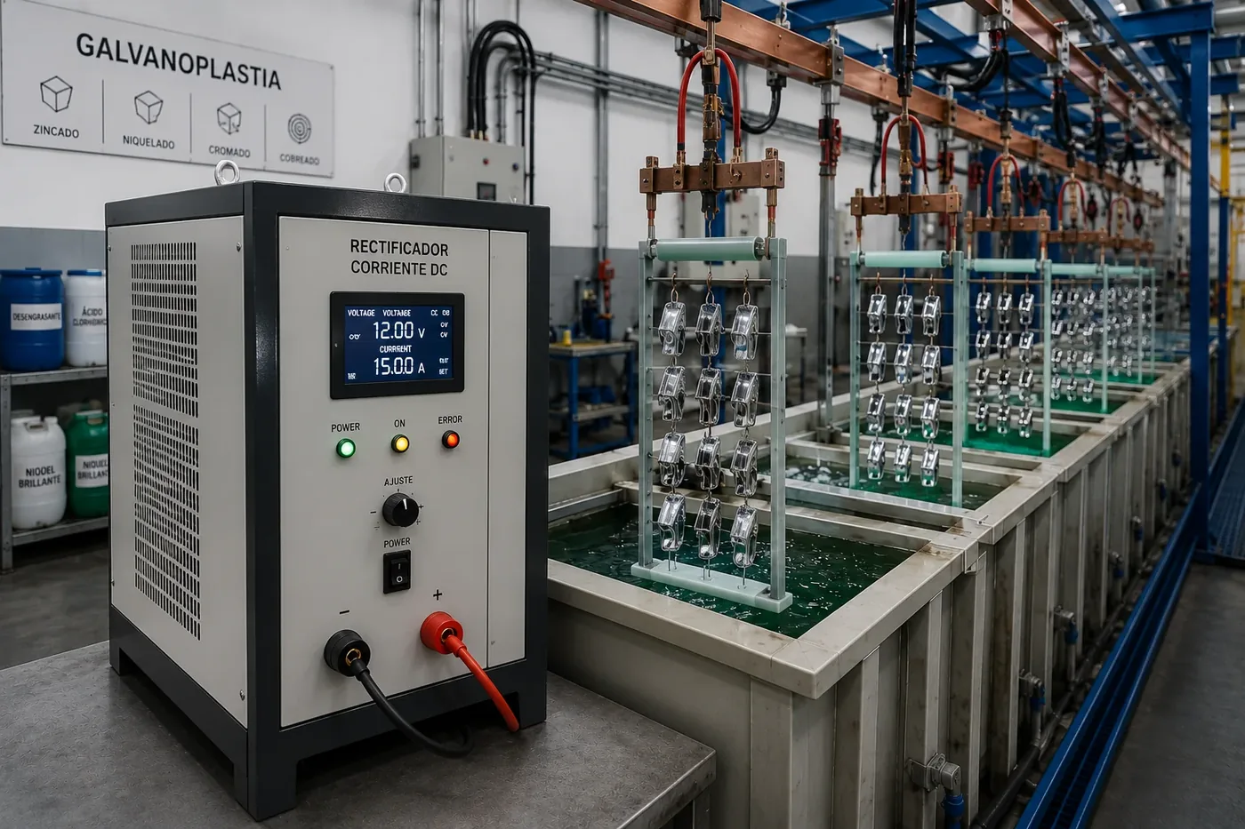 Rectificador de corriente DC para galvanoplastia conectado a línea de tanques de electro depósito con piezas en proceso
