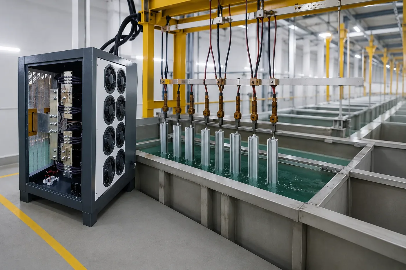 Interior de un rectificador de corriente para galvanoplastia Dynamic Drives: módulos IGBT y ventilación forzada, junto a línea industrial de electrodeposición