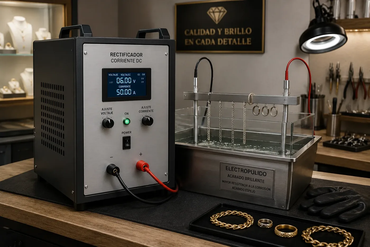 Rectificador para galvanoplastia en proceso de electropulido de piezas de joyería, acabado brillante